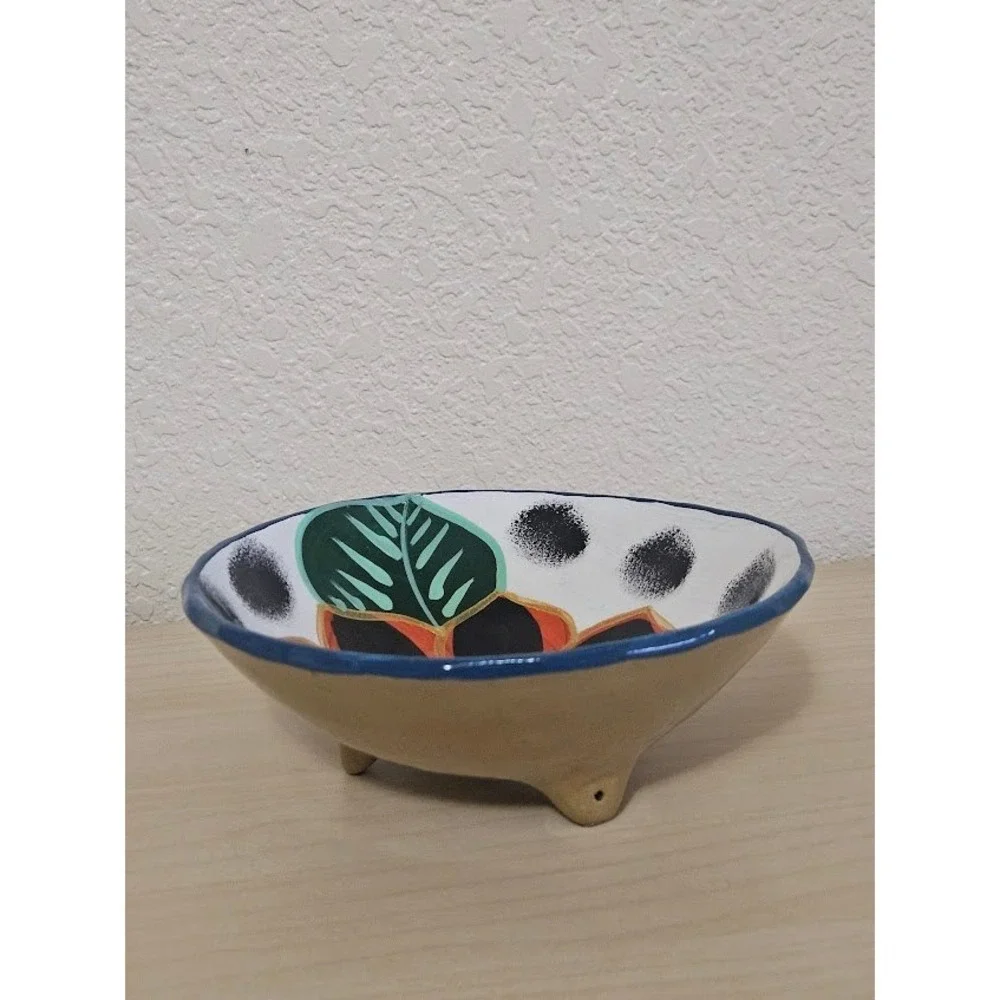 Hand Painted Mexican Pottery Dish Sunflower Design Rustic Tabletop Decor